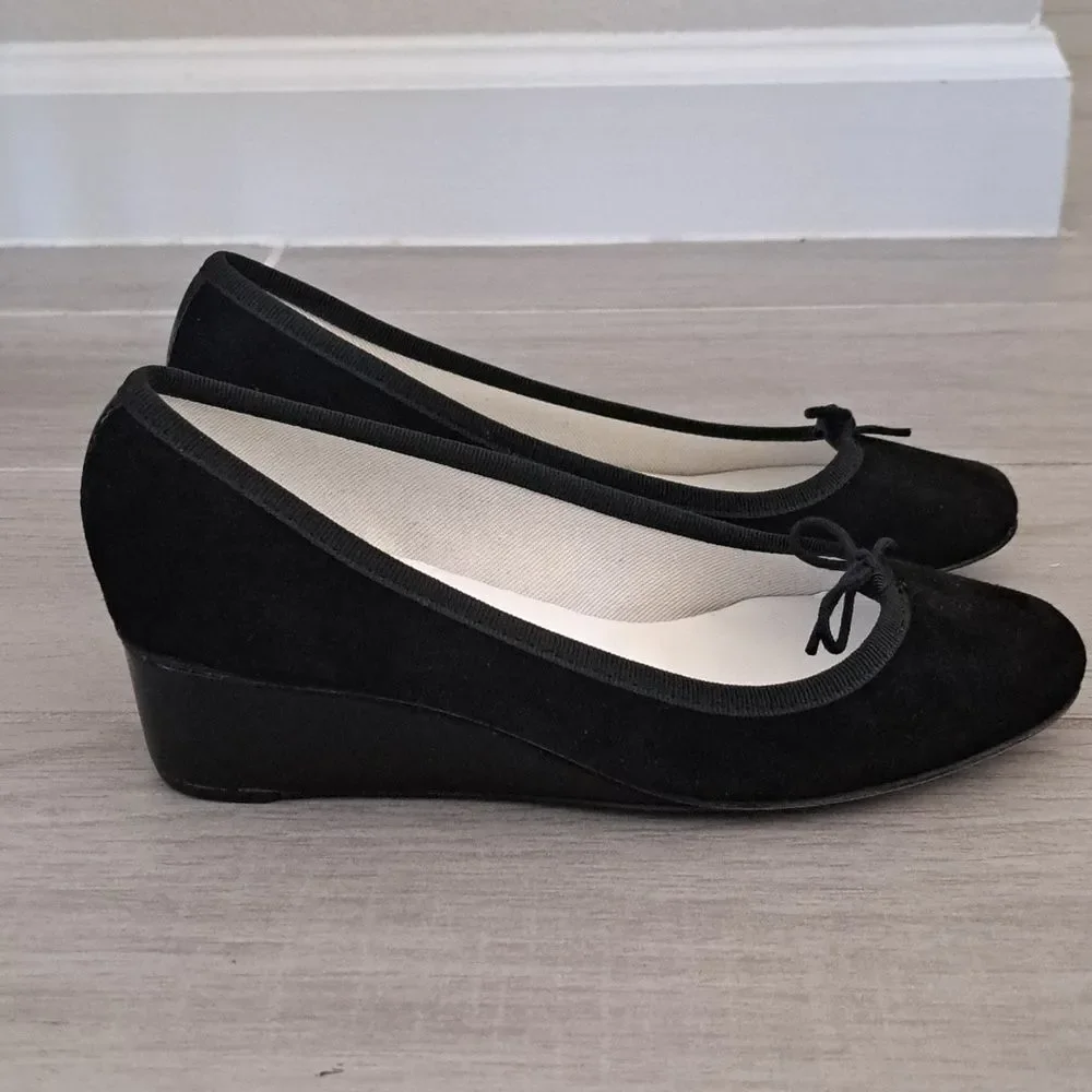 *Rare* Repetto Norma Black Suede Ballet Wedge Pumps with Bow Detail Size 5